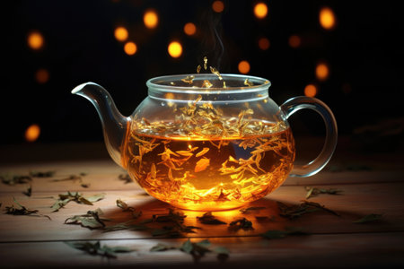 tea leaves floating in a transparent teapot with a warm glow, created with generative aiの素材