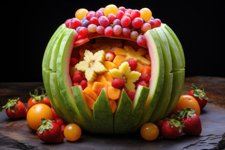 fruit salad in a hollowed-out watermelon, created with generative aiの素材