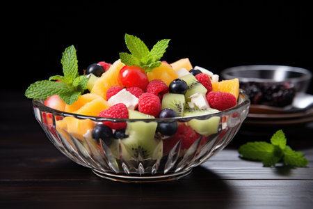 fruit salad garnished with mint leaves, created with generative aiの素材