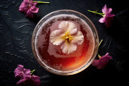 top view of a cocktail garnished with a flower, created with generative aiの素材
