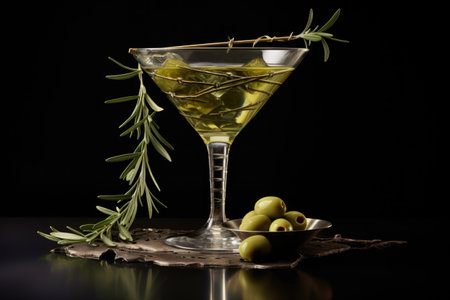martini glass with an olive and a unique twist, created with generative aiの素材