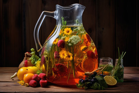 infusing fruit and herbs in a large pitcher, created with generative aiの素材