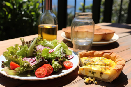 quiche and salad pairing on a bright, sunny day, created with generative aiの素材