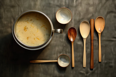 overhead shot of soup pot, ladle, and bowls, created with generative aiの素材