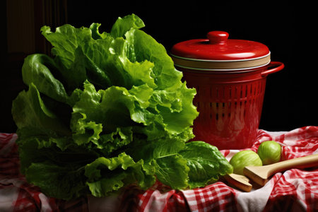 a salad spinner with freshly washed lettuce leaves, created with generative aiの素材