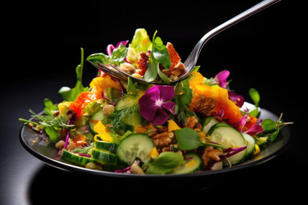 a close-up of a vibrant mixed salad with fork, created with generative aiの素材