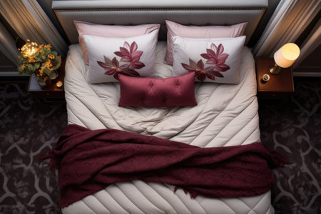 top view of a perfectly made bed with pillows, created with generative aiの素材
