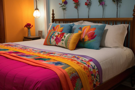 freshly made bed with colorful linens and pillows, created with generative aiの素材