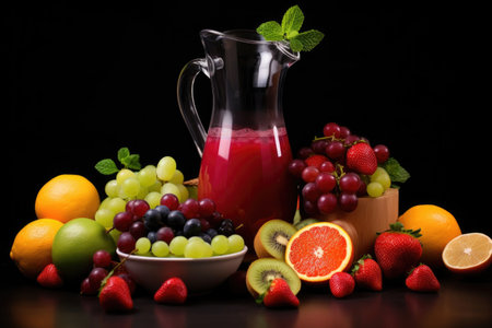 freshly made juice in a carafe with sliced fruits, created with generative aiの素材