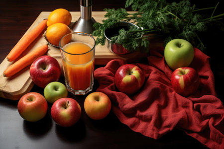 flat lay of fruit, juicer, and juice glass, created with generative aiの素材