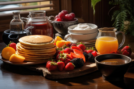 pancake breakfast setup with coffee and fruit, created with generative aiの素材