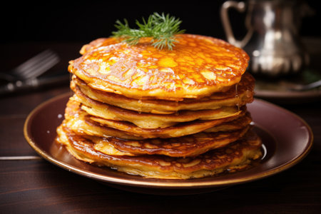 golden brown pancakes with crispy edges, created with generative aiの素材