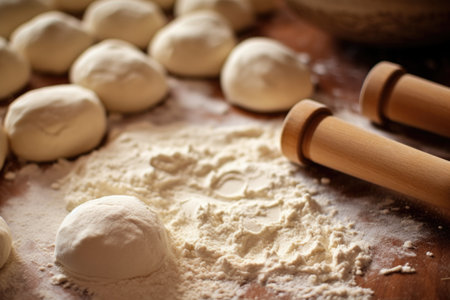 close-up of rolling pin flattening dough balls, created with generative aiの素材