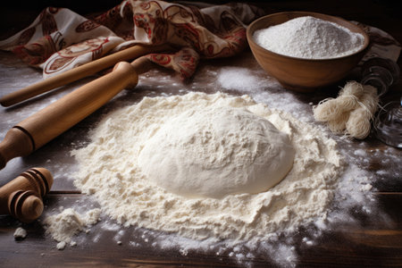 tortilla dough with rolling pin and flour around, created with generative aiの素材