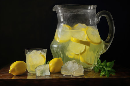 lemonade in a glass pitcher with ice cubes, created with generative aiの素材