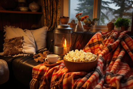 popcorn in a cozy setting with a warm blanket and movie reel, created with generative aiの素材