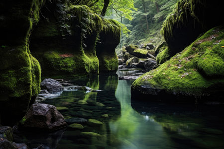 moss-covered rocks around a tranquil natural pool in the wilderness, created with generative aiの素材