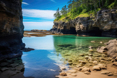 secluded beach cove with calm tidal pool, created with generative aiの素材