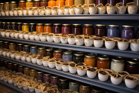 rows of assorted teas and coffee in matching containers, created with generative aiの素材