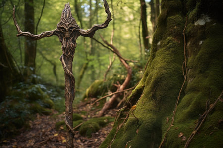 carved walking stick leaning against a tree in the forest, created with generative aiの素材