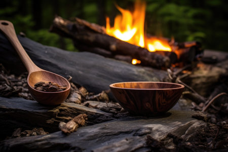 handcrafted wooden spoon and bowl by a campfire, created with generative aiの素材