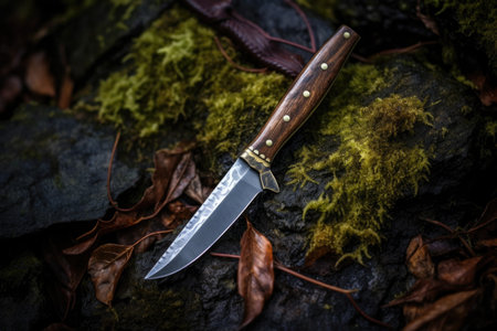 close-up of a bushcraft knife on a wooden surface, created with generative aiの素材