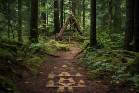 forest trail marked with bushcraft symbols, created with generative aiの素材