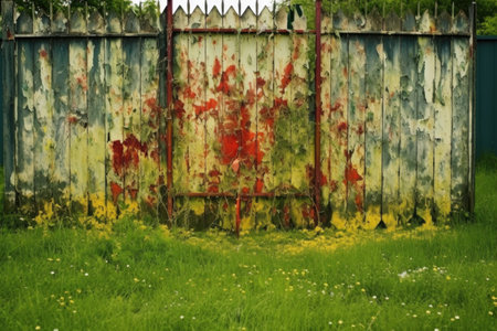 paint splattered on grass and fence for artistic effect, created with generative aiの素材