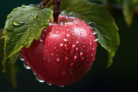 dewdrops on an apple in the early morning, created with generative aiの素材