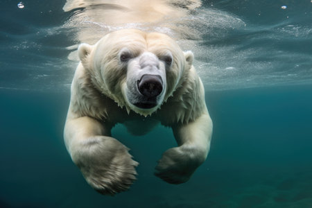 polar bear surfacing from a deep dive in freezing arctic waters, created with generative aiの素材