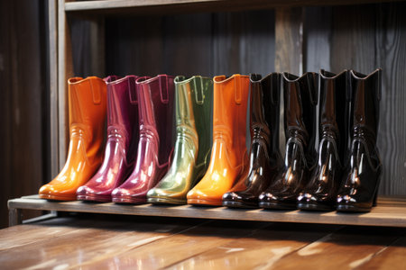 shiny polished boots in a row on shoe rack, created with generative aiの素材