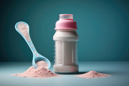 baby bottle with water, formula powder, and a scoop, created with generative aiの素材