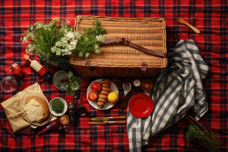 flat lay of picnic essentials on a blanket, created with generative aiの素材