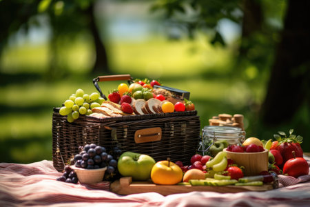 picnic basket with healthy snacks: nuts, fruits, and veggies, created with generative aiの素材