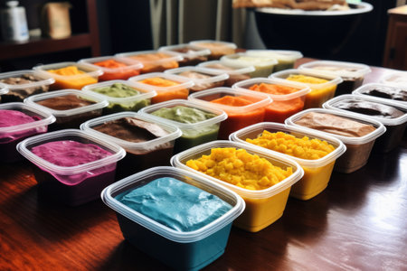 color-coded meal prep containers for organization, created with generative aiの素材