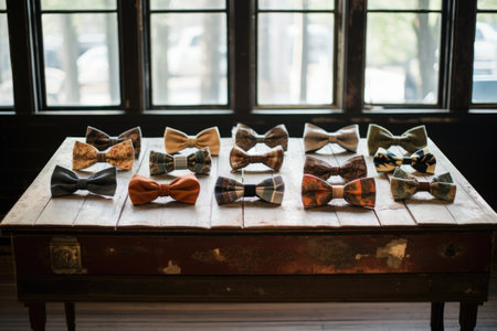 vintage bow ties displayed on an antique table, created with generative aiの素材