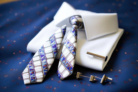 tie and cufflinks arranged on a shirt, created with generative aiの素材