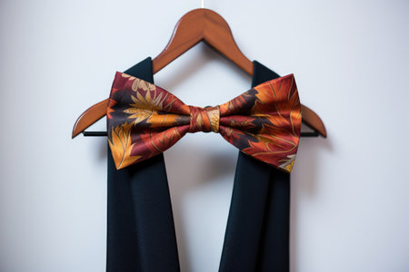 bow tie hanging on a suit hanger, created with generative aiの素材