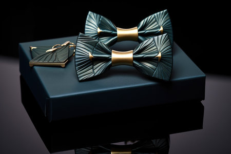 bow tie and cufflinks set on a dark background, created with generative aiの素材