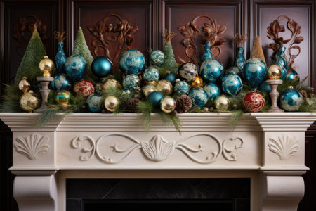 fireplace mantel adorned with holiday ornaments, created with generative aiの素材