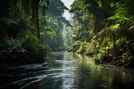 rainforest river flowing through protected land, created with generative aiの素材