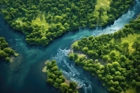 aerial view of a pristine river surrounded by lush greenery, created with generative aiの素材
