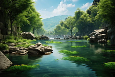 clean river with lush green surroundings, created with generative aiの素材
