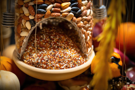 close-up of seeds and grains in a bird feeder, created with generative aiの素材
