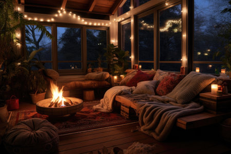 cozy fire pit with fairy lights and blankets at night, created with generative aiの素材