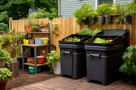 home compost system with recycling bins nearby, created with generative aiの素材