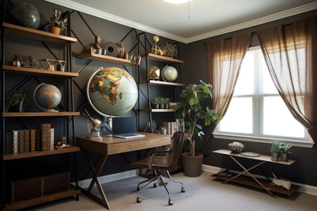 stylish home office with geometric shelves, globe, and vintage typewriter, created with generative aiの素材