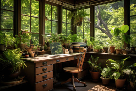nature-inspired study space with wooden desk, potted plants, and large window, created with generative aiの素材