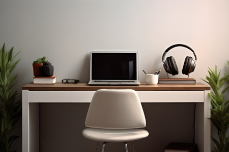 minimalist study area with laptop and headphones, created with generative aiの素材