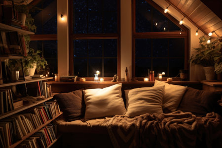 cozy reading nook with soft lighting and cushions, created with generative aiの素材
